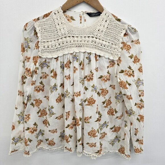 Zara Boho Floral Crochet Top Womens XS Cottagecore Fairy Romantic Blouse NWT - Picture 3 of 16